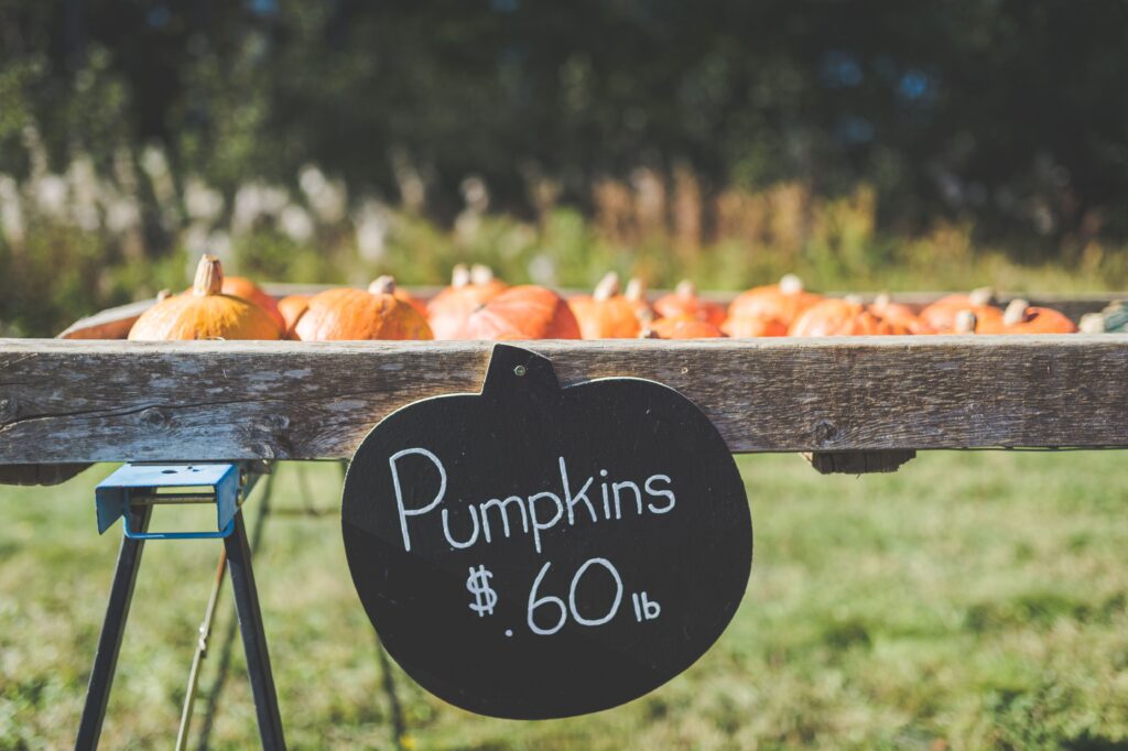 Wooden farm table lined with fresh orange pumpkins featuring a chalkboard price sign in the foreground